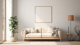 Light minimalistic living room interior with blank picture frame mockup on the wall and sofa in the center