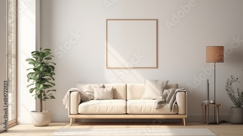 Light minimalistic living room interior with blank picture frame mockup on the wall and sofa in the center
