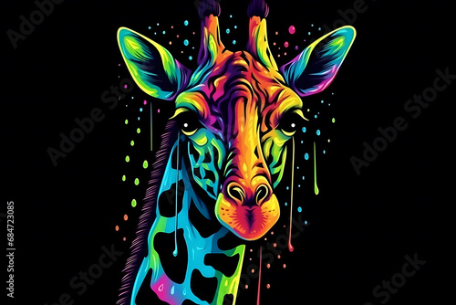 Rainbow art giraffe on a black background. Neural network AI generated art