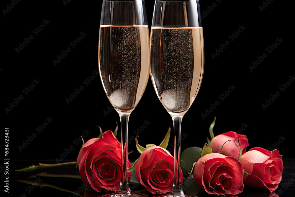 A bottle of champagne and three glasses of wine created with generative AI technology A bottle of champagne and three glasses of wine created with generative AI technology