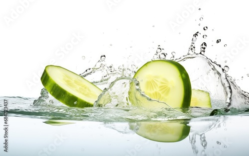 An enticing image of a sliced cucumber submerging into the water, with a refreshing burst of splashes, on a blank white background