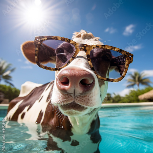 portrait of a cow on a beach wearing sunglasses. Generative AI.