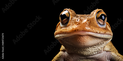 close up of a orange toad head portrait on black background with copy space frog amphibian photo