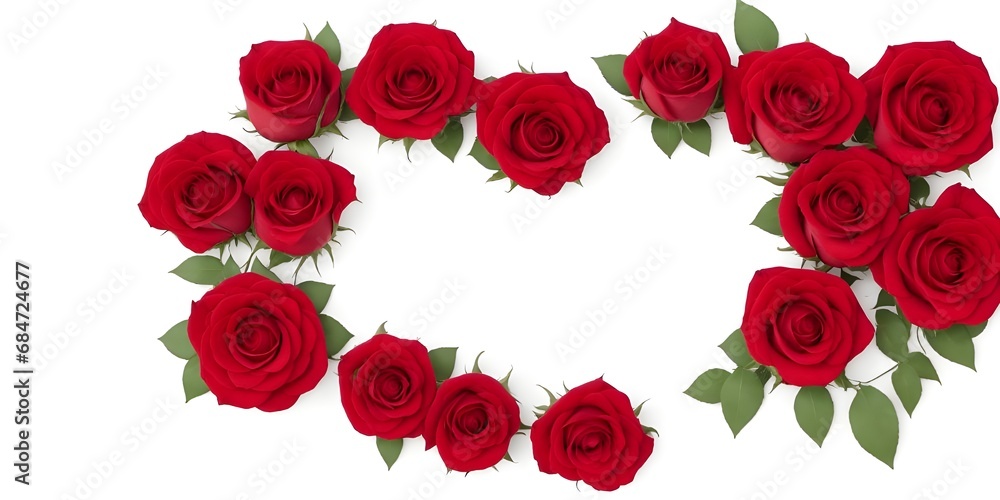 Red Roses in Love shape frame, empty space in center on White background Red Roses in Love shape frame, empty space in center on White background