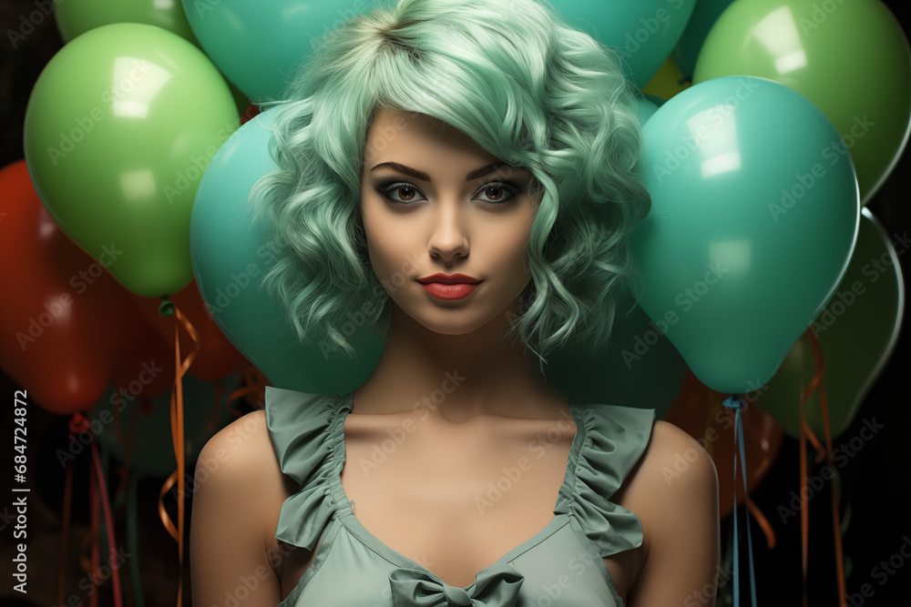 Zielone Falowanie: Dziewczyna z wyrazistym makijażem i zielonymi włosami. Jej intensywne spojrzenie podkreśla indywidualność, a tło z kolorowymi balonami dodaje lekkości tej kompozycji. - obrazy, fototapety, plakaty 