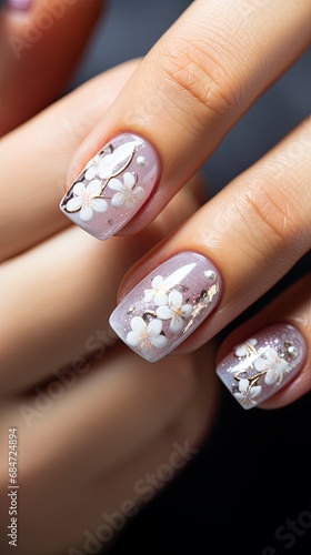 Beautiful well-groomed hands of the bride with modern manicure, nail design for the bride