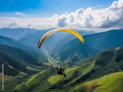 An adventurous traveler paragliding over a landscape of lush green hills.