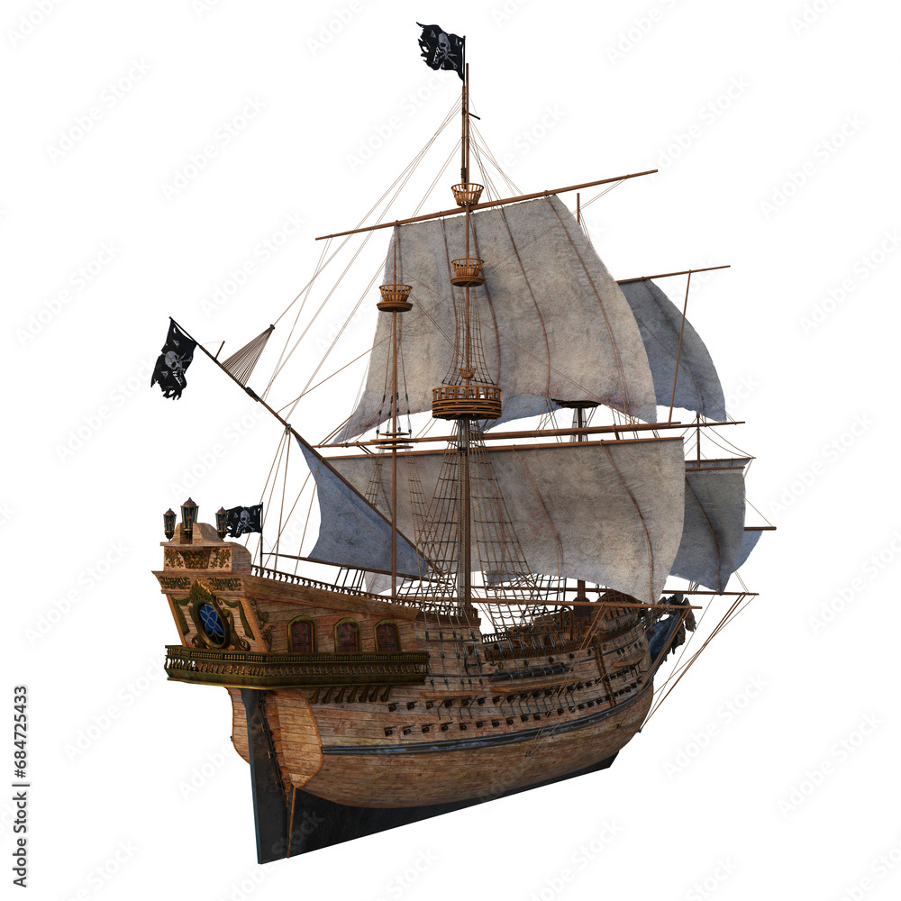 Naklejka premium Old wooden pirate ship in full sail viewed from behind the stern. Isolated 3D rendering.