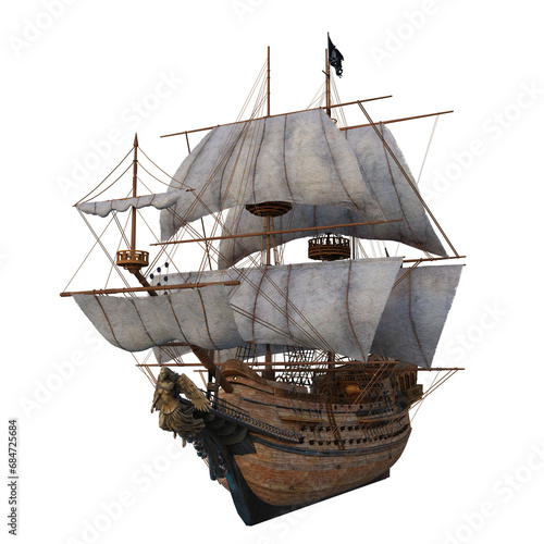 Photographie Old wooden pirate ship in full sail with a carved woman figurehead on the bow