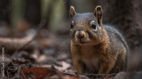 Close up of a squirrel on the ground in the forest in autumn. Wilderness Concept. Wildlife Concept.