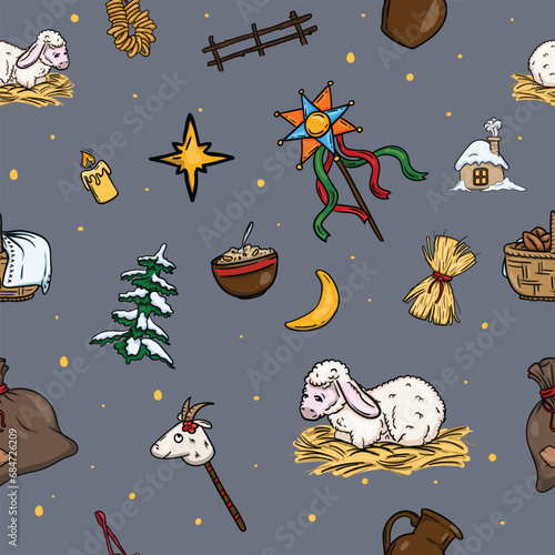 Christmas seamless vector pattern for gift paper with ukrainian christmas traditions and elements