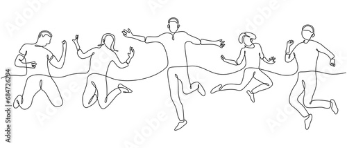 Continuous line drawing of man and woman jumping