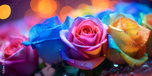 A rainbow colored flower is displayed. A bunch of roses with one of the roses in the center, Fantasy vintage classic deep colorful roses bouquet on blurred background, generative AI