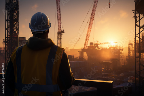 A construction worker in a hard hat observing a towering construction crane at the job site. Ai generated photo
