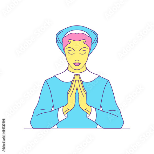 Y2k nun with praying hands pose spiritual religious cartoon character groovy icon vector flat