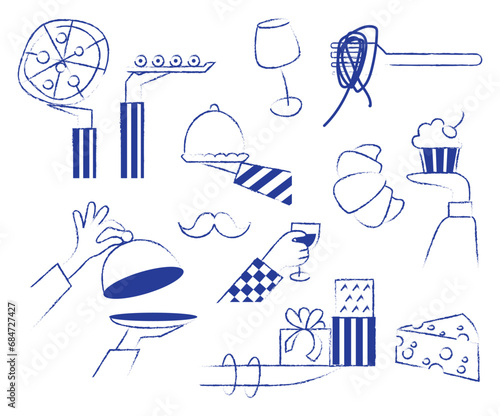 Seamless pattern with hand drawn elements doodles resturant. Italian French food set. Party catering cooking concept. Vector illustration modern style isolated on white background.