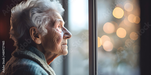 Face of lonely upset senior woman looking through window of nursing house and waiting for family meeting photo
