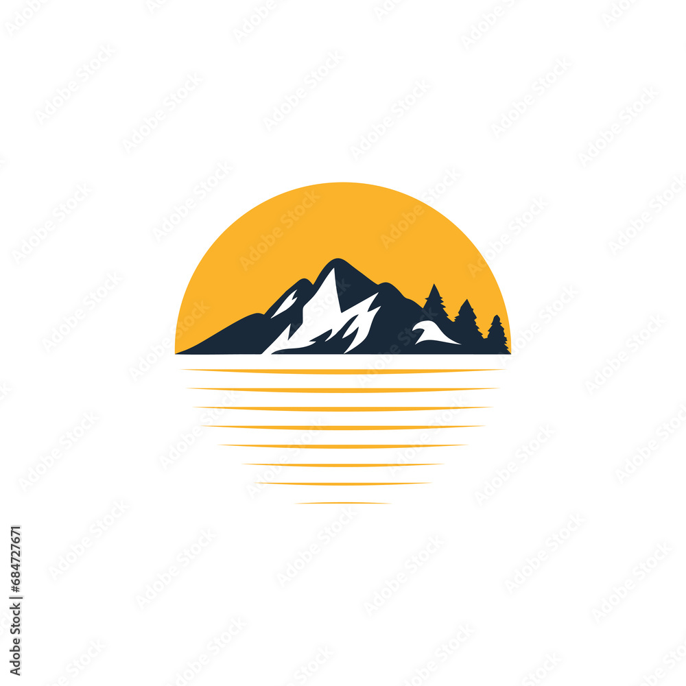 Sea Lake River Evergreen Forest Mountain Landscape for outdoor adventure logo design