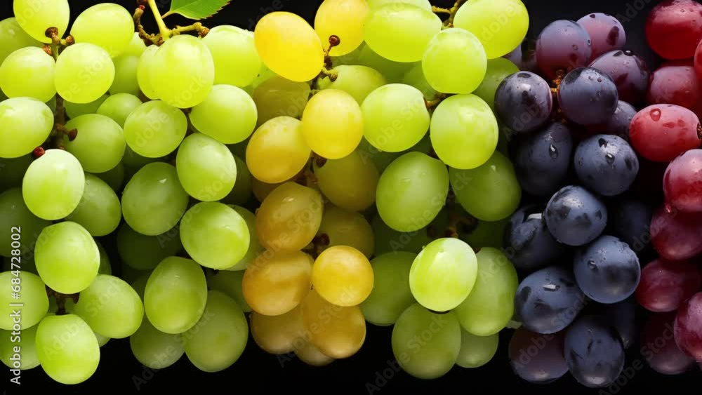 AI generated animation of different varieties of grapes moving on black background. High quality 4k footage AI generated animation of different varieties of grapes moving on black background. High quality 4k footage