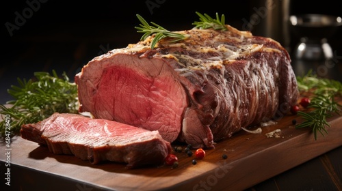 Christmas prime rib beef fillet roasted closeup, Xmas menu on table