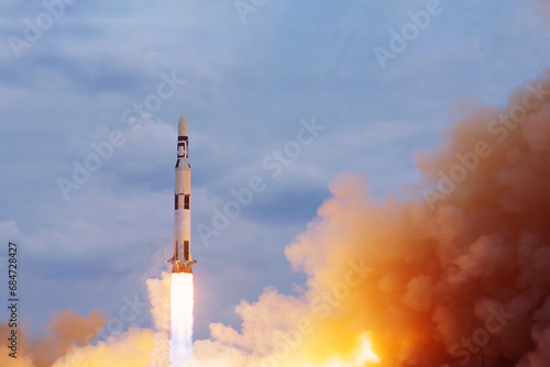 The launch of a spaceship into space. Elements of this image furnished by NASA