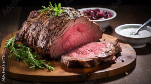 Fotografie, Obraz Christmas prime rib beef fillet roasted closeup, Xmas menu on table