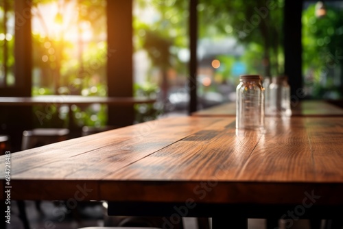 Wooden table on blurred background of cafe, coffee shop or bar