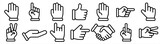 Hand cursor, handshake, thumb up, hand gestures, signals vector line icons set