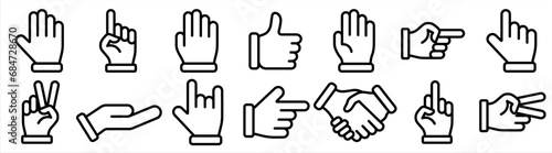 Hand cursor, handshake, thumb up, hand gestures, signals vector line icons set
