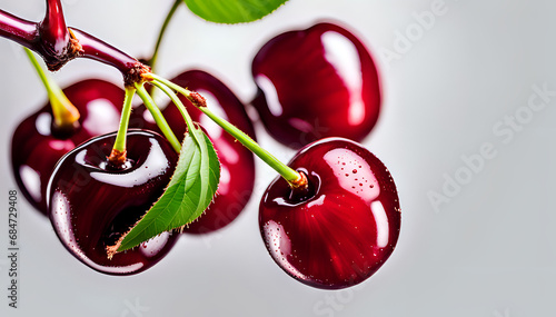 Cherry fruit with green leaves in a set composition of food photography