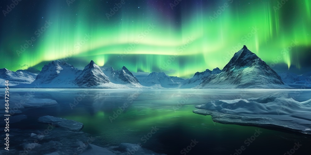 Beautiful Arctic Seascape with Aurora Borealis. Generative AI	
