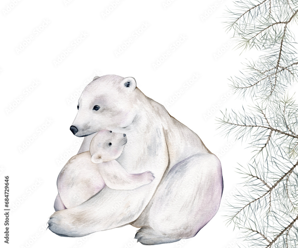 seamless border with white polar bear and trees with snow. Watercolor hand drawing illustration on isolate white background.
