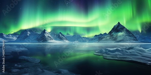 Beautiful Arctic Seascape with Aurora Borealis. Generative AI 