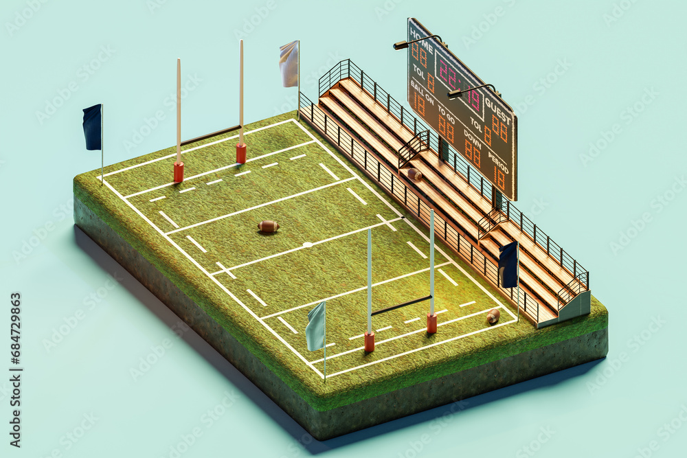 3D rendering of rugby american football field with tribune in stadium. Isometric view 3D rendering of rugby american football field with tribune in stadium. Isometric view