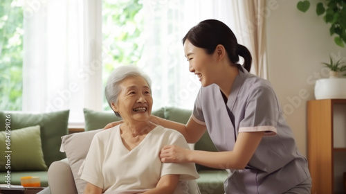 Senior care, nurse helping senior patient for medical help, healthcare or physiotherapy, volunteer caregiver nursing home for disability rehabilitation © chiew