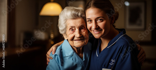 Senior care, nurse helping senior patient for medical help, healthcare or physiotherapy, volunteer caregiver nursing home for disability rehabilitation photo