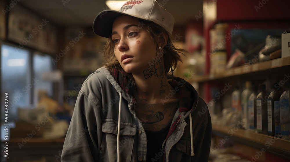 Portrait of Tattooed Woman with Trucker Vibe at Gas Station, Concept of Bold Individuality and Edgy Style in Unconventional Settings