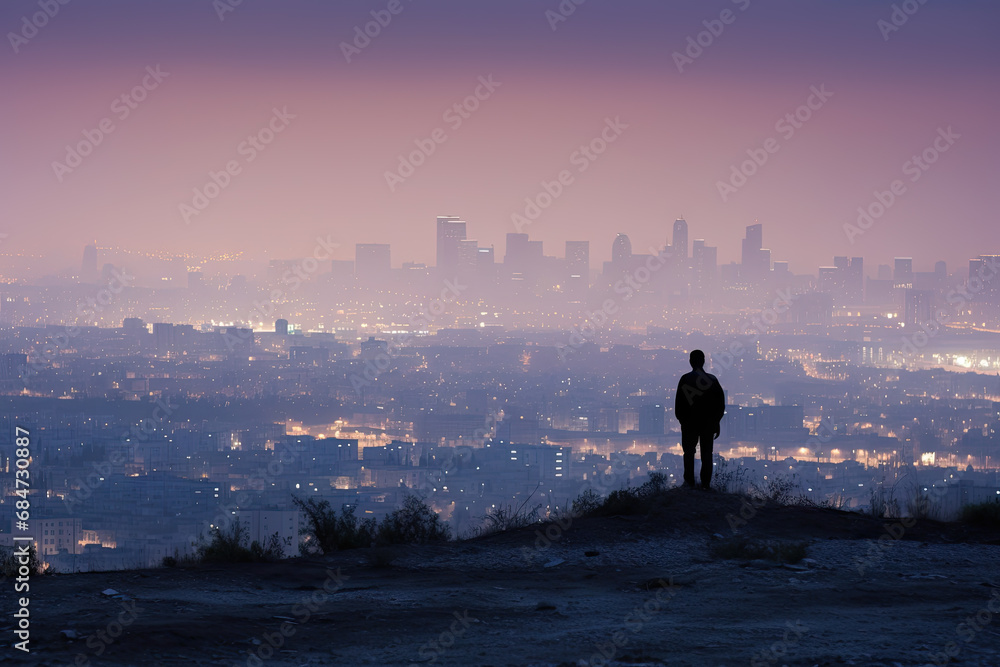 Fototapeta premium A man standing on top of a hill overlooking a city