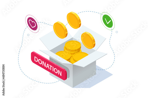 Isometric people characters donate money for charity online. Donating money can significantly impact humanitarian causes.
