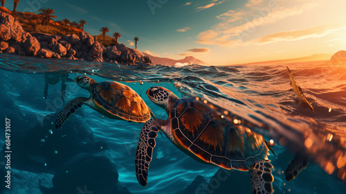 Sea turtles swim in the beautiful blue ocean photo