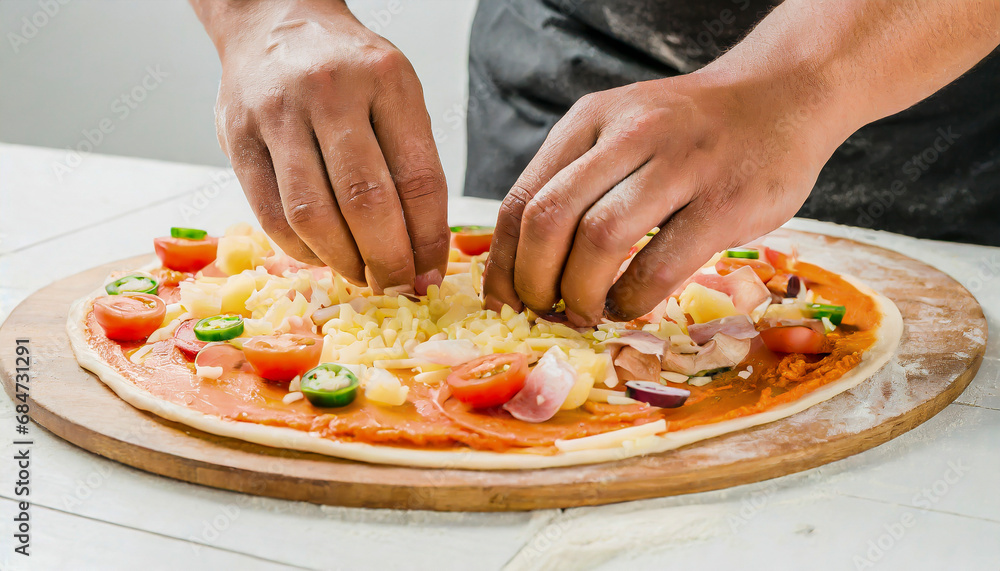 Hands making a pizza