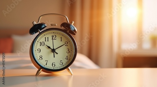 close up alarm clock on bedside table in the morning