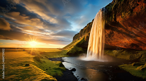 Waterfall at sunset in HDR Iceland