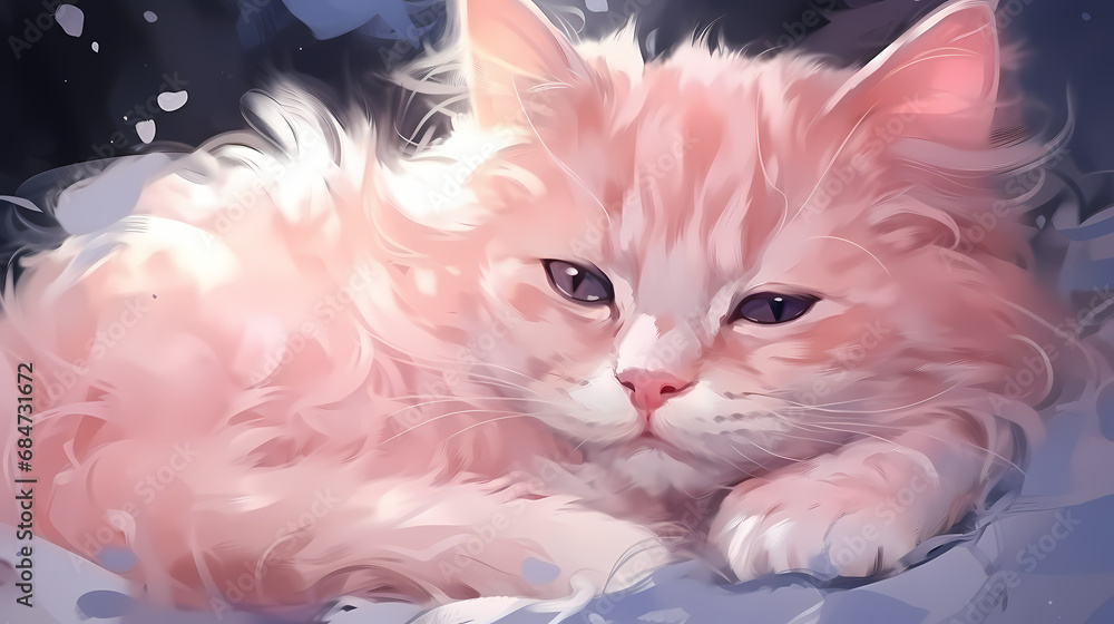 Fototapeta Cartoon kid cat sleep at night, wake up at morning.