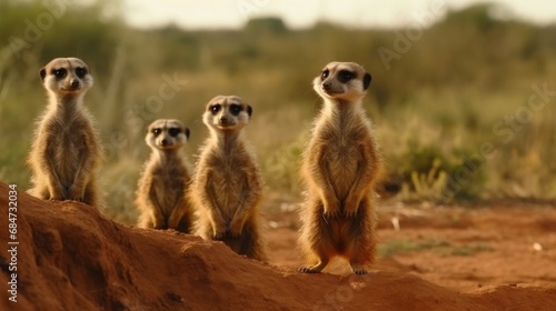 Meerkat family in the African savanna. Wilderness Concept. Wildlife Concept.