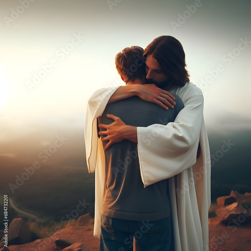 Jesus embracing young man in arms