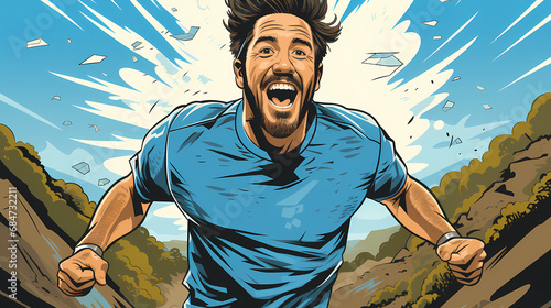 Fototapeta Naklejka Na Ścianę i Meble -  Happy young man running so fast on city street, illustration of beautiful sunny day sport outdoor