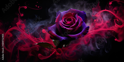 Beautiful dark rose in smoke, A flower with a heart on it, Stary Rose Flower splash arts, Red and blue rose on a black background generative AI