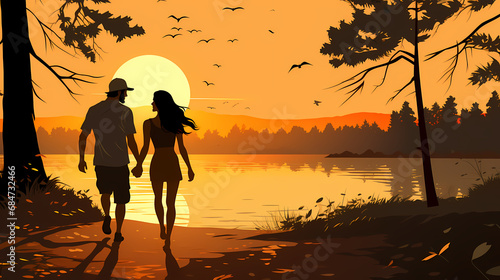 A couple in love walks alon...