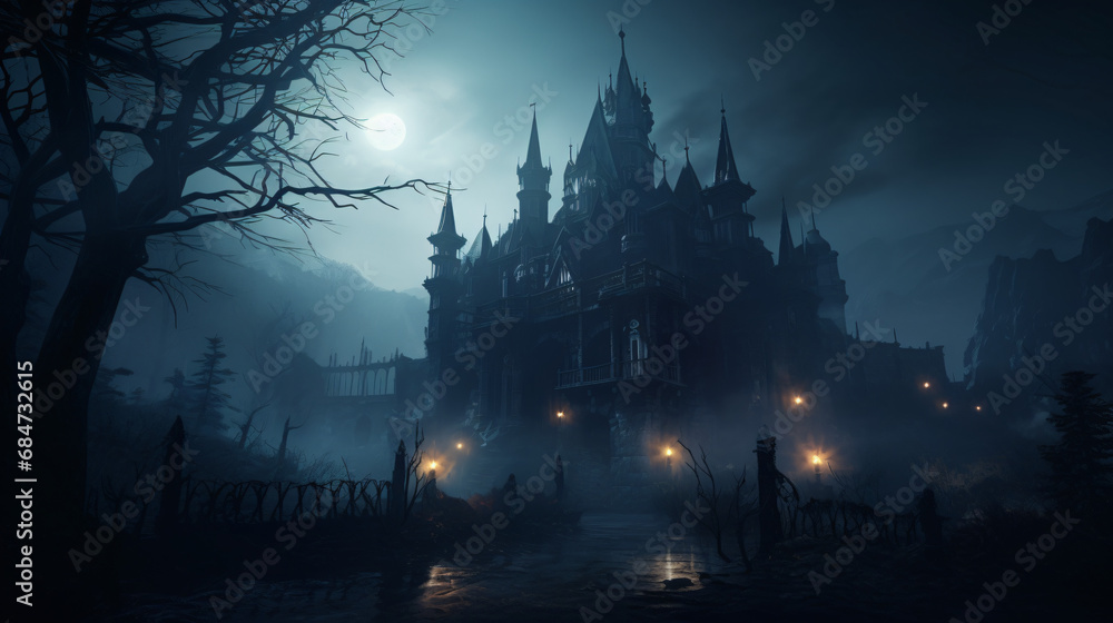 Spooky old gothic castle foggy night haunted
